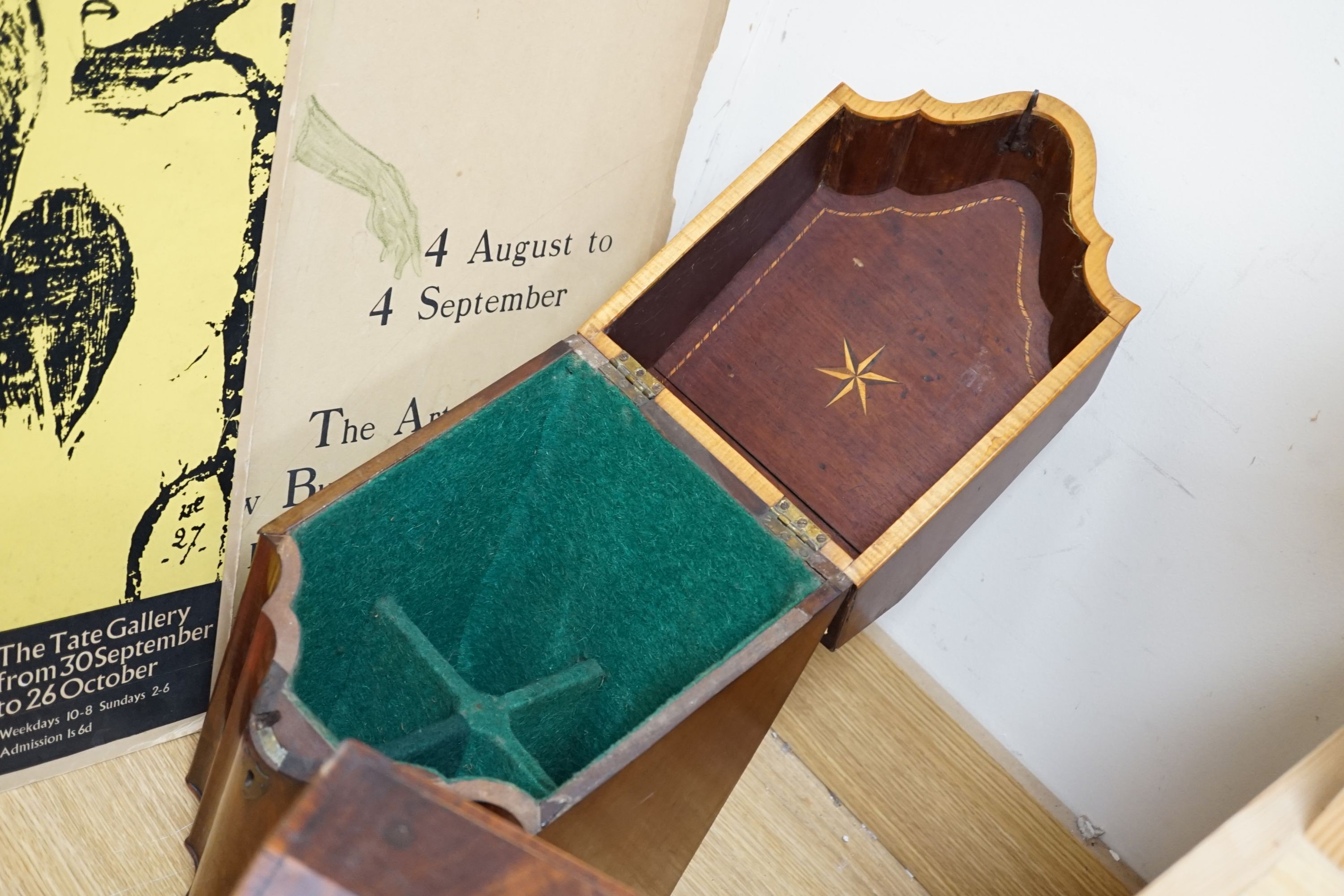 Two George III line inlaid mahogany knife boxes - one converted to a cellarette